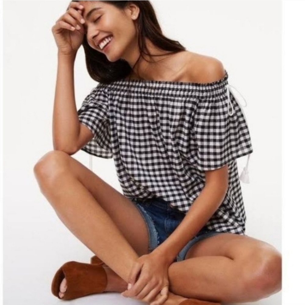 LOFT Gingham Off-the-Shoulder Tassel Blouse - Black & White